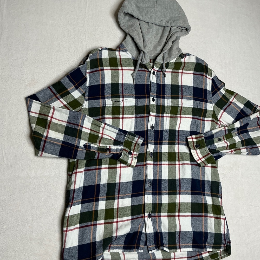 AEROPOSTALE Mens Plaid Flannel Hooded Shirt Jacket Blue Green Red Size Medium
